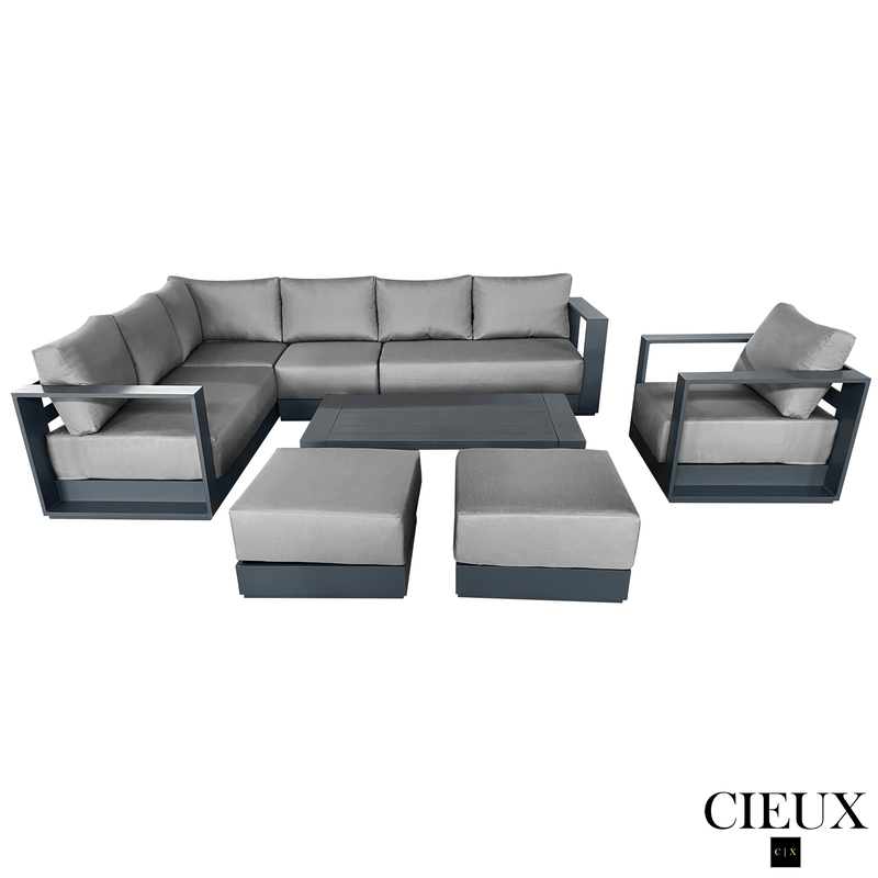 CIEUX Sectional Lyon 5 Piece Outdoor Patio Aluminum Metal L-Shaped Sectional Sofa, Club Chair, 2 Ottomans, and Coffee Table Set in Midnight Grey with Sunbrella Cushions - Available in 2 Colours