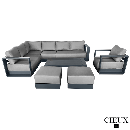 CIEUX Sectional Lyon 5 Piece Outdoor Patio Aluminum Metal L-Shaped Sectional Sofa, Club Chair, 2 Ottomans, and Coffee Table Set in Midnight Grey with Sunbrella Cushions - Available in 2 Colours