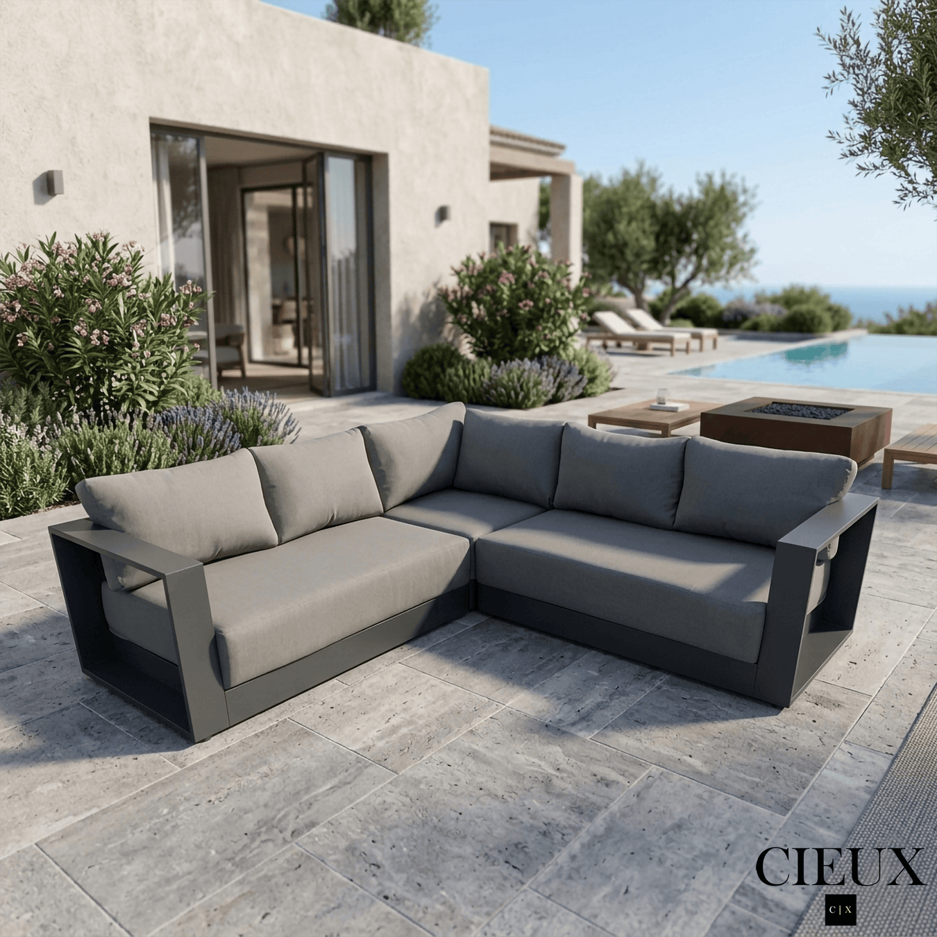 CIEUX Sectional Lyon Outdoor Patio Aluminum Metal Corner Sectional Sofa in Midnight Grey with Sunbrella Cushions - Available in 2 Colours