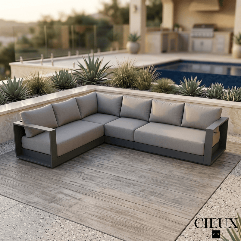 CIEUX Sectional Lyon Outdoor Patio Aluminum Metal L-Shaped Sectional Sofa in Midnight Grey with Sunbrella Cushions - Available in 2 Colours
