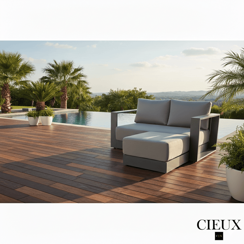 CIEUX Sectional Lyon Outdoor Patio Aluminum Metal Small Sectional Sofa in Midnight Grey with Sunbrella Cushions in Canvas Charcoal