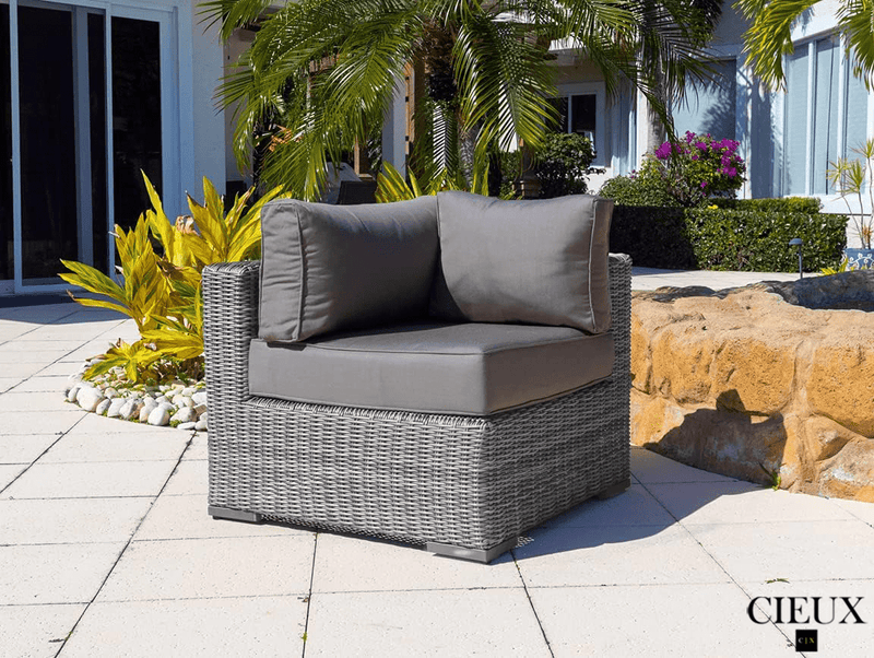 CIEUX Sectional Riviera Outdoor Patio Wicker Corner Sectional Sofa and Ottoman Set in Grey with Sunbrella Canvas Charcoal Cushions