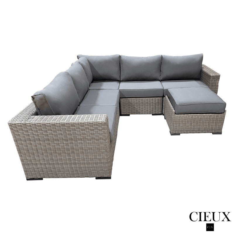 CIEUX Sectional Riviera Outdoor Patio Wicker Corner Sectional Sofa and Ottoman Set in Grey with Sunbrella Canvas Charcoal Cushions