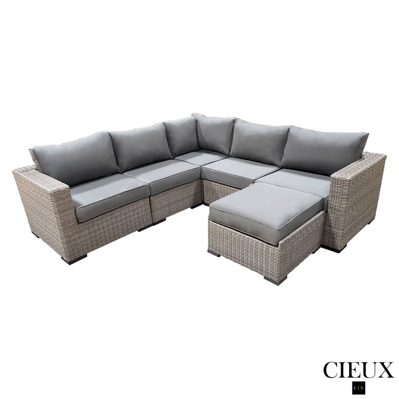 CIEUX Sectional Riviera Outdoor Patio Wicker Corner Sectional Sofa and Ottoman Set in Grey with Sunbrella Canvas Charcoal Cushions