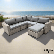 CIEUX Sectional Riviera Outdoor Patio Wicker Corner Sectional Sofa and Ottoman Set in Grey with Sunbrella Canvas Charcoal Cushions