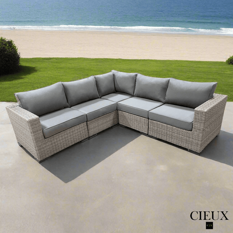 CIEUX Sectional Riviera Outdoor Patio Wicker Corner Sectional Sofa in Grey with Sunbrella Canvas Charcoal Cushions