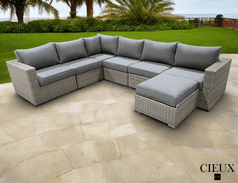 CIEUX Sectional Riviera Outdoor Patio Wicker L-Shaped Sectional Sofa and Ottoman Set in Grey with Sunbrella Canvas Charcoal Cushions