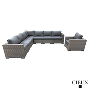 CIEUX Sectional Riviera Outdoor Patio Wicker Large Corner Sectional Sofa and Club Chair Set in Grey with Sunbrella Canvas Charcoal Cushions