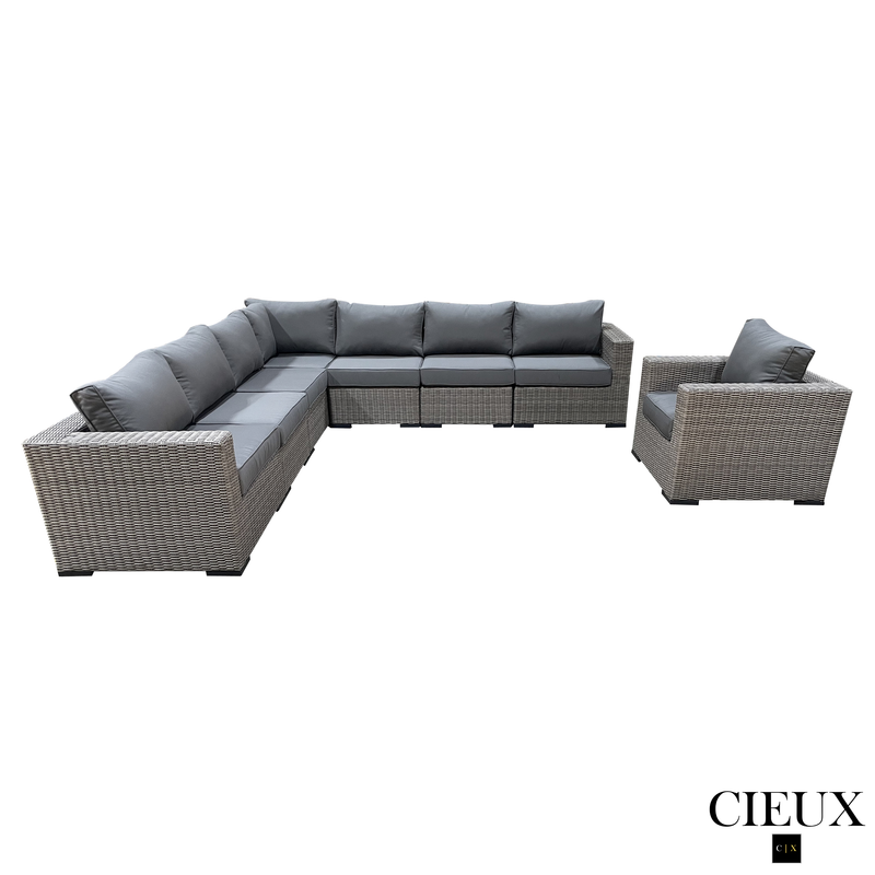 CIEUX Sectional Riviera Outdoor Patio Wicker Large Corner Sectional Sofa and Club Chair Set in Grey with Sunbrella Canvas Charcoal Cushions