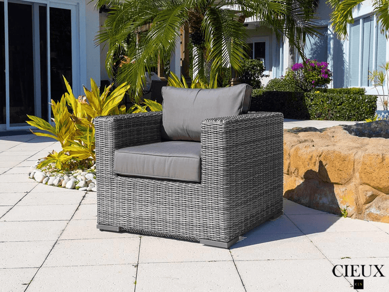 CIEUX Sectional Riviera Outdoor Patio Wicker Large Sectional Sofa and Club Chair Set in Grey with Sunbrella Canvas Charcoal Cushions