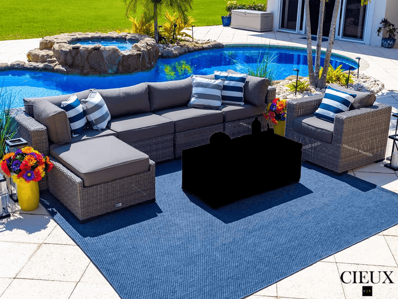 CIEUX Sectional Riviera Outdoor Patio Wicker Large Sectional Sofa and Club Chair Set in Grey with Sunbrella Canvas Charcoal Cushions