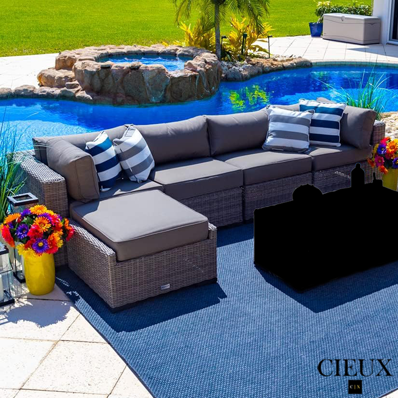 CIEUX Sectional Riviera Outdoor Patio Wicker Large Sectional Sofa in Grey with Sunbrella Canvas Charcoal Cushions