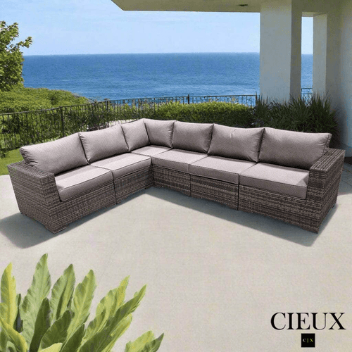 CIEUX Sectional Valence Outdoor Patio Wicker L-Shaped Sectional Sofa in Brown with Sunbrella Canvas Taupe Cushions