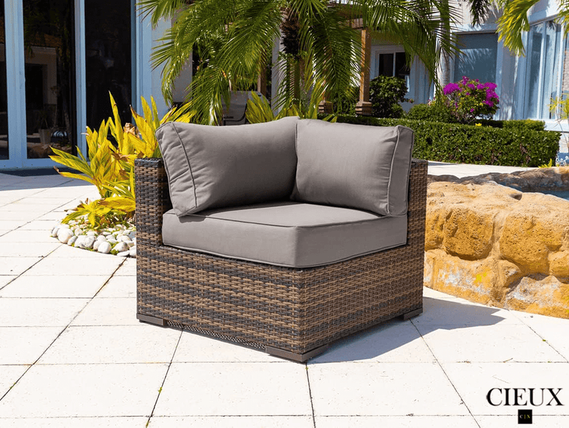 CIEUX Sectional Valence Outdoor Patio Wicker Large Corner Sectional Sofa and Coffee Table Set in Brown with Sunbrella Canvas Taupe Cushions