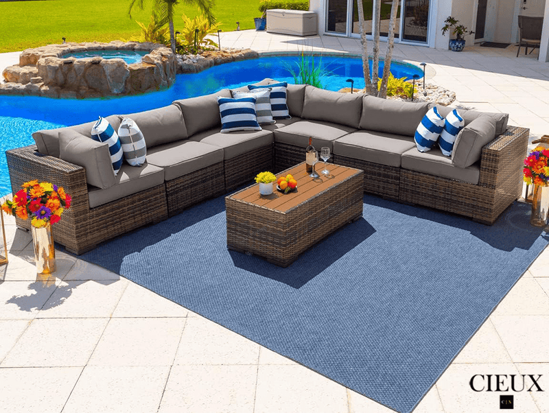 CIEUX Sectional Valence Outdoor Patio Wicker Large Corner Sectional Sofa and Coffee Table Set in Brown with Sunbrella Canvas Taupe Cushions