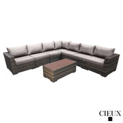 CIEUX Sectional Valence Outdoor Patio Wicker Large Corner Sectional Sofa and Coffee Table Set in Brown with Sunbrella Canvas Taupe Cushions