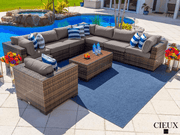 CIEUX Sectional Valence Outdoor Patio Wicker Large Corner Sectional Sofa, Club Chair and Coffee Table Set in Brown with Sunbrella Canvas Taupe Cushions