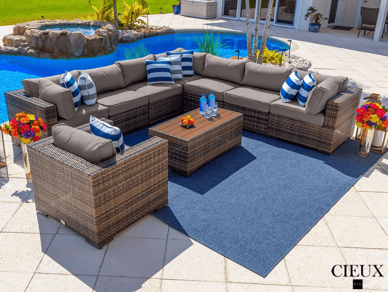 CIEUX Sectional Valence Outdoor Patio Wicker Large Corner Sectional Sofa, Club Chair and Coffee Table Set in Brown with Sunbrella Canvas Taupe Cushions