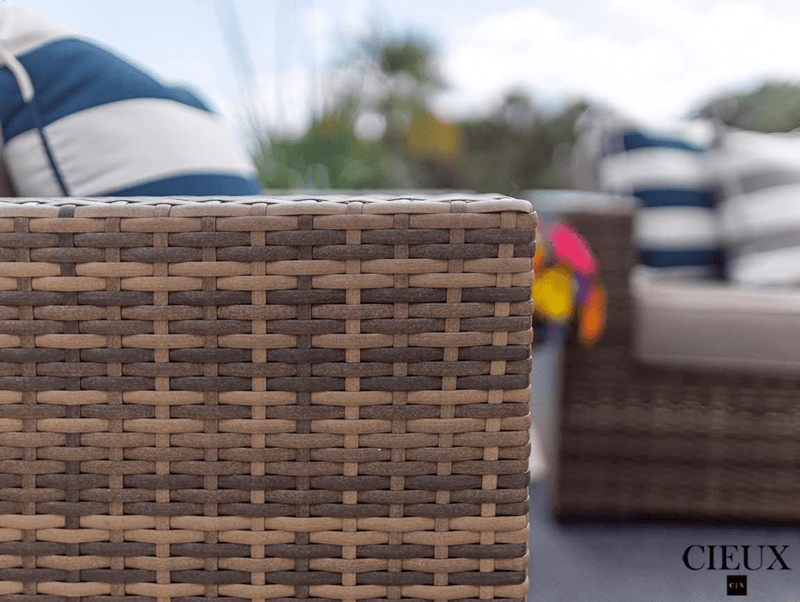 CIEUX Sectional Valence Outdoor Patio Wicker Large Corner Sectional Sofa, Club Chair and Coffee Table Set in Brown with Sunbrella Canvas Taupe Cushions