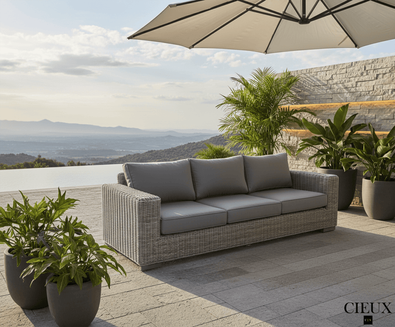 CIEUX Sofa Champagne Outdoor Patio Wicker Sofa in Grey with Sunbrella Cushions - Available in 2 Colours