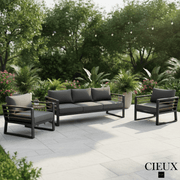CIEUX Sofa Set Avignon 3 Piece Outdoor Patio Aluminum Metal Sofa and 2 Club Chairs Conversation Set in Midnight Grey with Sunbrella Cushions in Canvas Charcoal