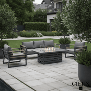 CIEUX Sofa Set Avignon 4 Piece Outdoor Patio Aluminum Metal Sofa and 2 Club Chairs Conversation Set with Alsace Fire Pit Adjustable Height Table in Midnight Grey with Sunbrella Cushions in Canvas Charcoal