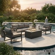 CIEUX Sofa Set Avignon 4 Piece Outdoor Patio Aluminum Metal Sofa and 2 Club Chairs Conversation Set with Annency Fire Pit Coffee Table in Midnight Grey with Sunbrella Cushions in Canvas Charcoal