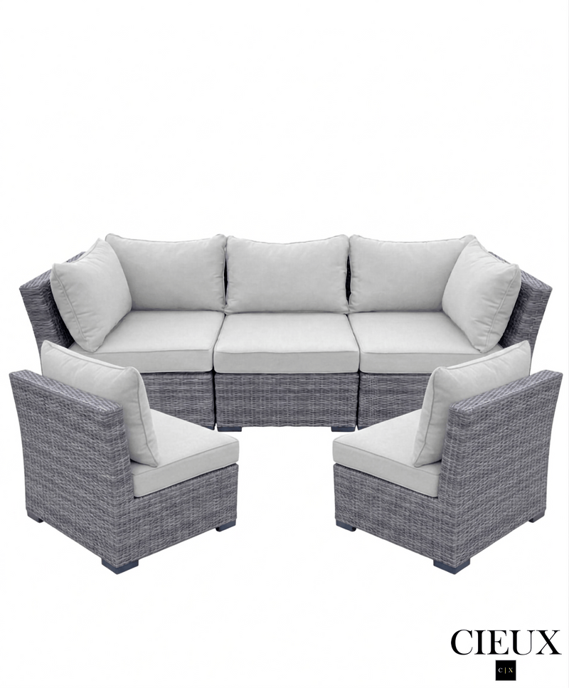 CIEUX Sofa Set Cannes 3 Piece Outdoor Patio Wicker Sofa Conversation Set with 2 Armless Chairs in Grey Wicker with Sunbrella Cushions in Canvas Natural