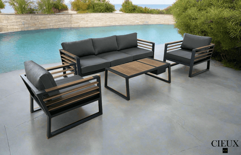 CIEUX Sofa Set Canvas Charcoal Avignon Outdoor Patio Aluminum Metal Sofa Conversation Set in Midnight Grey with Sunbrella Cushions in Canvas Charcoal