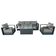 CIEUX Sofa Set Canvas Charcoal Lyon 4 Piece Outdoor Patio Aluminum Metal Sofa and 2 Club Chairs Conversation Set with Alsace Fire Pit Adjustable Height Table in Midnight Grey with Sunbrella Cushions - Available in 2 Colours