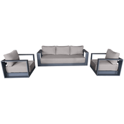 CIEUX Sofa Set Canvas Taupe Lyon 3 Piece Outdoor Patio Aluminum Metal Sofa and 2 Club Chairs Conversation Set in Midnight Grey with Sunbrella Cushions - Available in 2 Colours