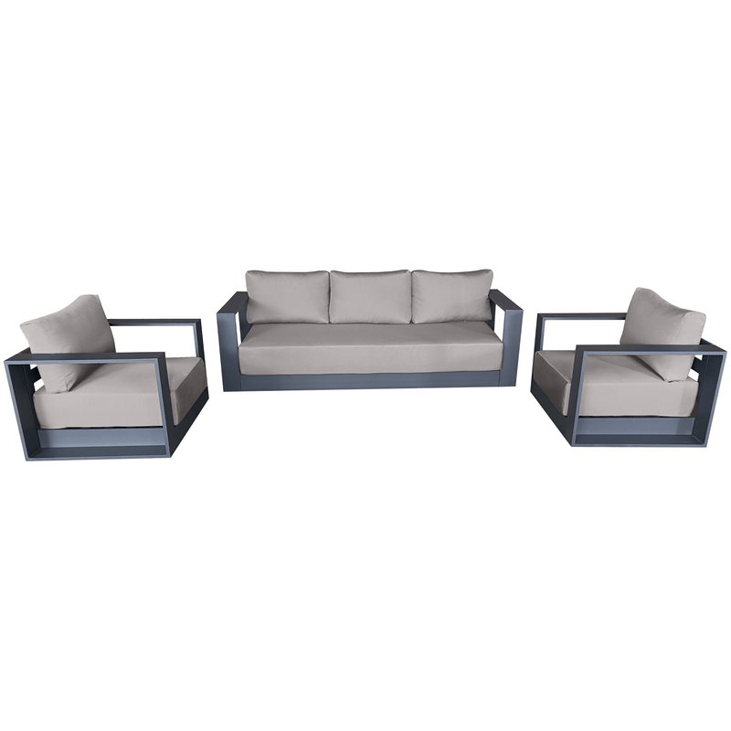 CIEUX Sofa Set Canvas Taupe Lyon 3 Piece Outdoor Patio Aluminum Metal Sofa and 2 Club Chairs Conversation Set in Midnight Grey with Sunbrella Cushions - Available in 2 Colours