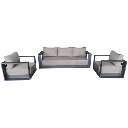 CIEUX Sofa Set Canvas Taupe Lyon 3 Piece Outdoor Patio Aluminum Metal Sofa and 2 Club Chairs Conversation Set in Midnight Grey with Sunbrella Cushions - Available in 2 Colours