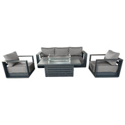 CIEUX Sofa Set Canvas Taupe Lyon 4 Piece Outdoor Patio Aluminum Metal Sofa and 2 Club Chairs Conversation Set with Alsace Fire Pit Adjustable Height Table in Midnight Grey with Sunbrella Cushions - Available in 2 Colours