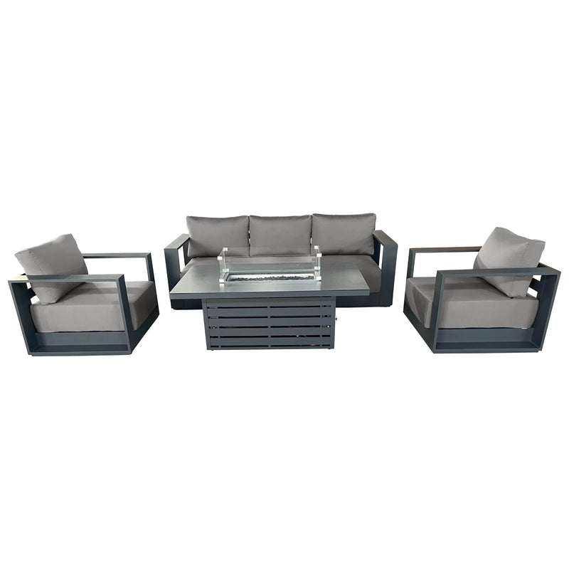 CIEUX Sofa Set Canvas Taupe Lyon 4 Piece Outdoor Patio Aluminum Metal Sofa and 2 Club Chairs Conversation Set with Alsace Fire Pit Adjustable Height Table in Midnight Grey with Sunbrella Cushions - Available in 2 Colours