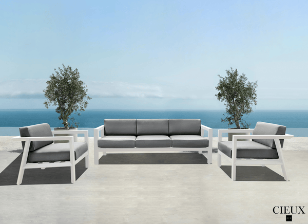 CIEUX Sofa Set Corsica Outdoor Patio Aluminum Metal Sofa Conversation Set in White with Sunbrella Cushions - Available in 2 Colours