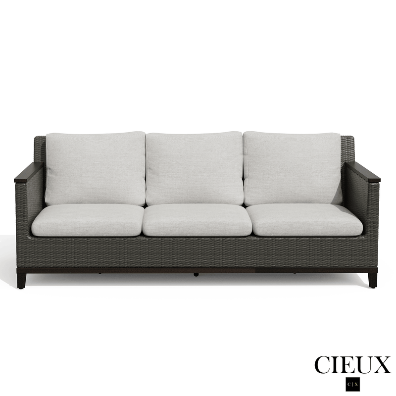 Cieux Sofa Set Loire Outdoor Patio Aluminum Metal Sofa Conversation Set with Swivel Club Chairs and Sunbrella Cast Silver Cushions