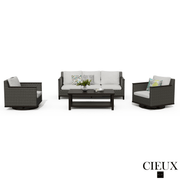 Cieux Sofa Set Loire Outdoor Patio Aluminum Metal Sofa Conversation Set with Swivel Club Chairs and Sunbrella Cast Silver Cushions