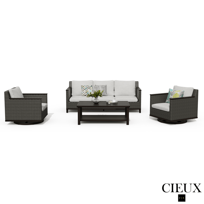 Cieux Sofa Set Loire Outdoor Patio Aluminum Metal Sofa Conversation Set with Swivel Club Chairs and Sunbrella Cast Silver Cushions