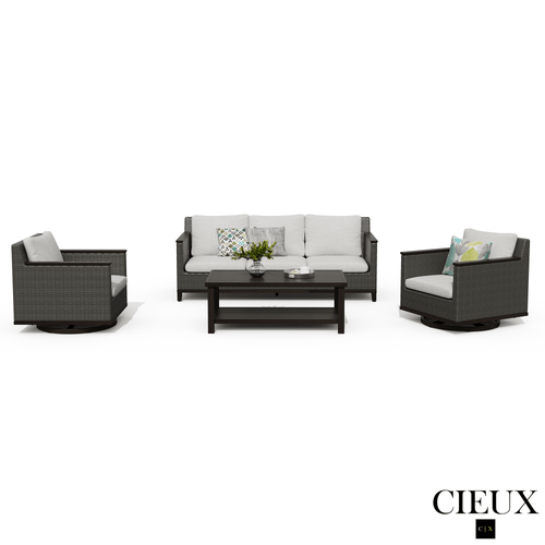 Cieux Sofa Set Loire Outdoor Patio Aluminum Metal Sofa Conversation Set with Swivel Club Chairs and Sunbrella Cast Silver Cushions