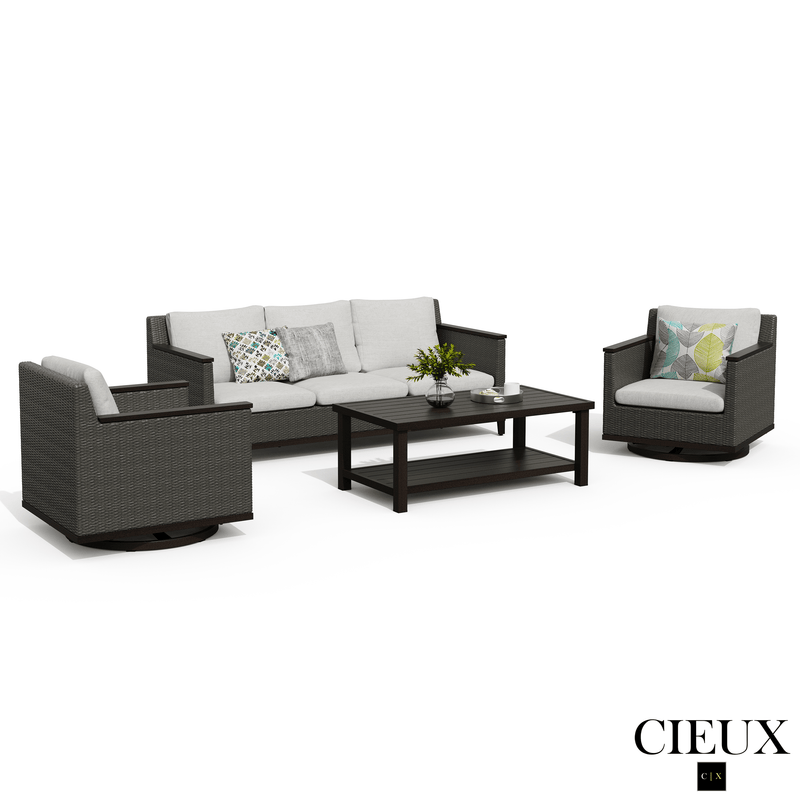 Cieux Sofa Set Loire Outdoor Patio Aluminum Metal Sofa Conversation Set with Swivel Club Chairs and Sunbrella Cast Silver Cushions
