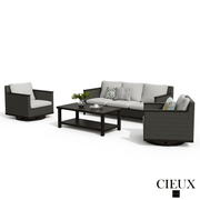 Cieux Sofa Set Loire Outdoor Patio Aluminum Metal Sofa Conversation Set with Swivel Club Chairs and Sunbrella Cast Silver Cushions