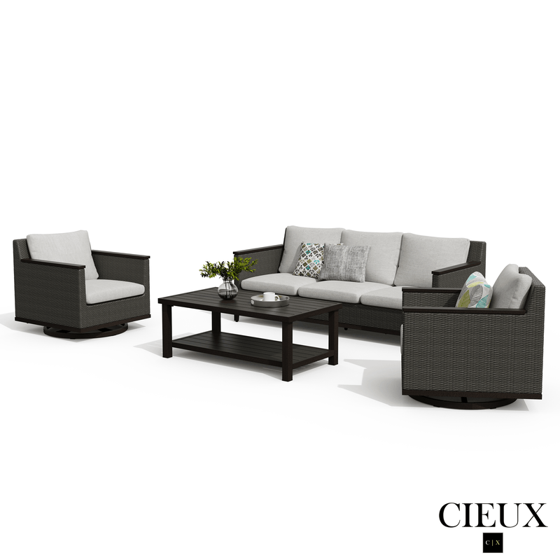 Cieux Sofa Set Loire Outdoor Patio Aluminum Metal Sofa Conversation Set with Swivel Club Chairs and Sunbrella Cast Silver Cushions