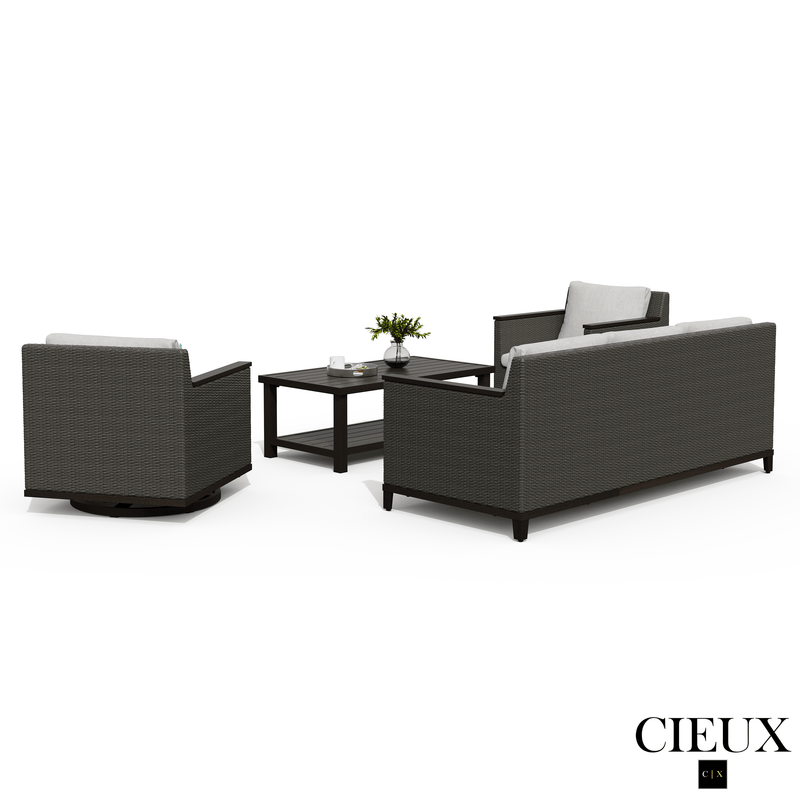 Cieux Sofa Set Loire Outdoor Patio Aluminum Metal Sofa Conversation Set with Swivel Club Chairs and Sunbrella Cast Silver Cushions