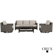 CIEUX Sofa Set Loire Outdoor Patio Aluminum Metal Sofa Conversation Set with Swivel Club Chairs and Sunbrella Cast Silver Cushions