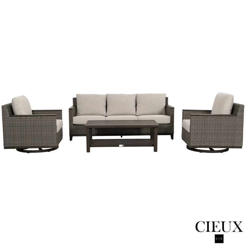 CIEUX Sofa Set Loire Outdoor Patio Aluminum Metal Sofa Conversation Set with Swivel Club Chairs and Sunbrella Cast Silver Cushions