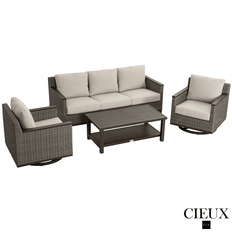 CIEUX Sofa Set Loire Outdoor Patio Aluminum Metal Sofa Conversation Set with Swivel Club Chairs and Sunbrella Cast Silver Cushions