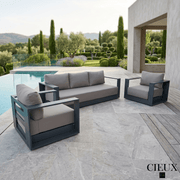 CIEUX Sofa Set Lyon 3 Piece Outdoor Patio Aluminum Metal Sofa and 2 Club Chairs Conversation Set in Midnight Grey with Sunbrella Cushions - Available in 2 Colours