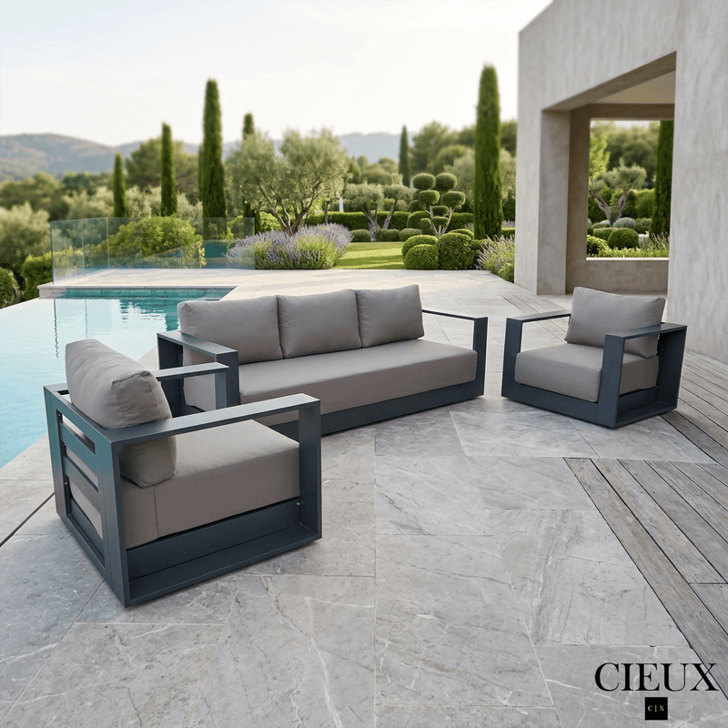 CIEUX Sofa Set Lyon 3 Piece Outdoor Patio Aluminum Metal Sofa and 2 Club Chairs Conversation Set in Midnight Grey with Sunbrella Cushions - Available in 2 Colours