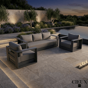 CIEUX Sofa Set Lyon 3 Piece Outdoor Patio Aluminum Metal Sofa and 2 Club Chairs Conversation Set in Midnight Grey with Sunbrella Cushions - Available in 2 Colours